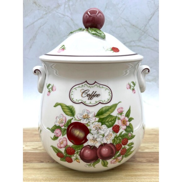 Lenox Ceramic Coffee Canister Orchard Fruit & Floral Design w/Lid Fine Porcelain - Picture 1 of 16